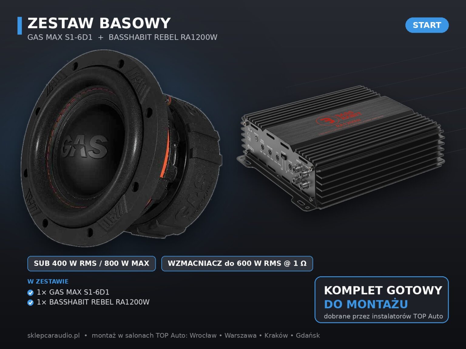 Zestaw basowy 600W – GAS MAX S1-6D1 + Bass Habit REBEL RA1200W