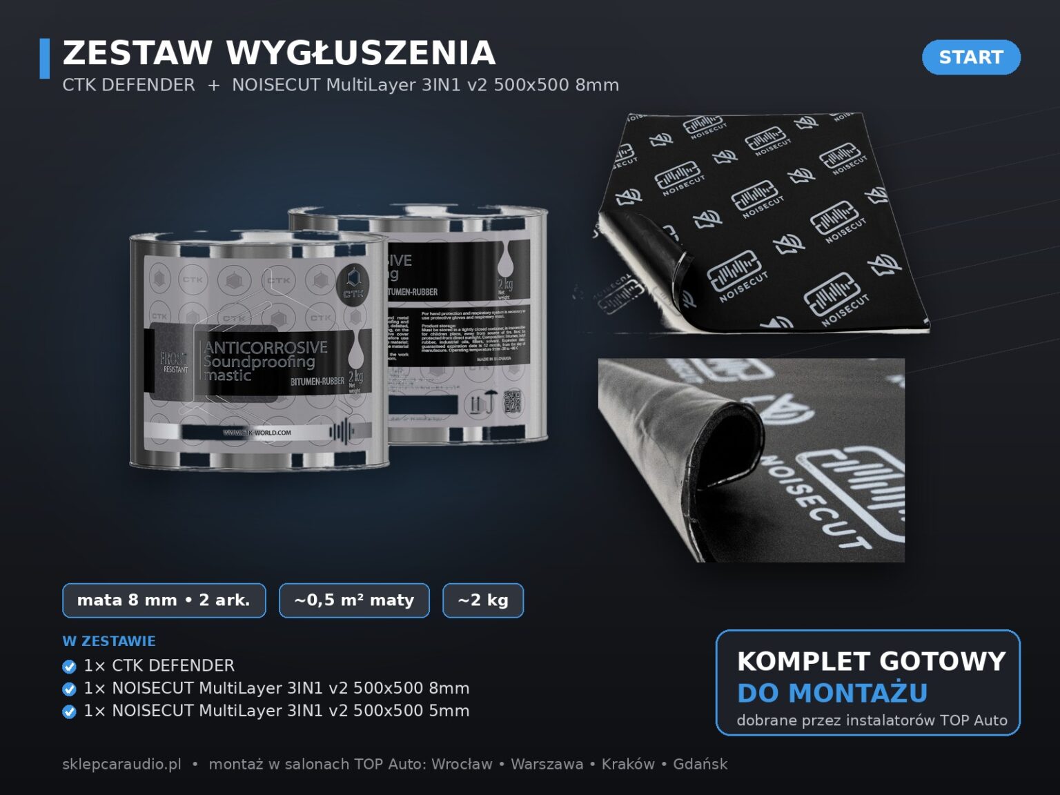 Zestaw wygłuszający – masa CTK DEFENDER + mata NOISECUT MultiLayer 3IN1 v2 8mm + mata NOISECUT MultiLayer 3IN1 v2 5mm –