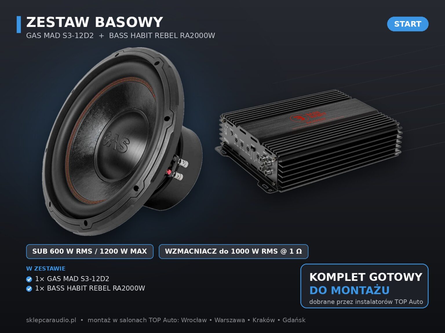 Zestaw basowy 1000W – GAS MAD S3-12D2 + Bass Habit REBEL RA2000W