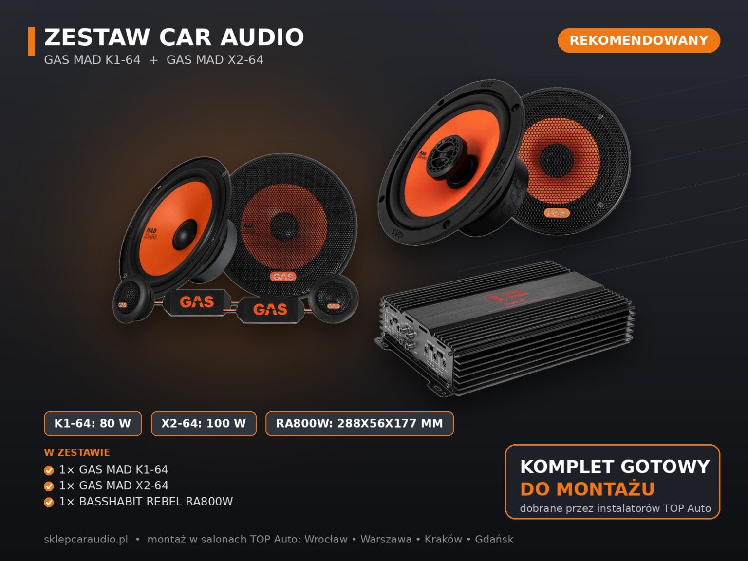 Zestaw car audio – GAS MAD K1-64 + GAS MAD X2-64 + Bass Habit REBEL RA800W