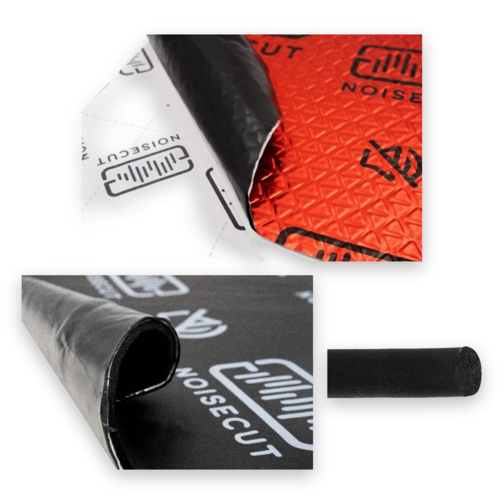 Zestaw wygłuszenia 0.62 m² – NOISECUT MultiLayer 3IN1 v2 500x500 5mm + NOISECUT RED V2 500x750mm 2mm