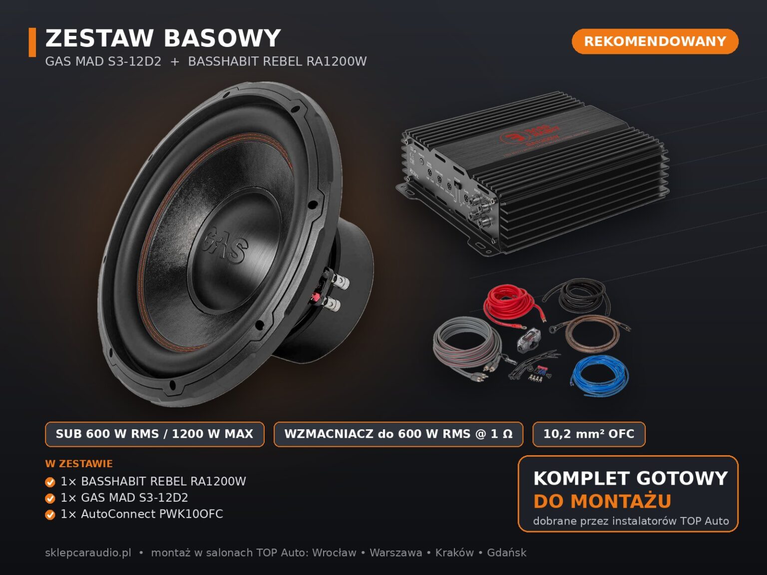 Zestaw basowy 600W – Bass Habit REBEL RA1200W + GAS MAD S3-12D2 + PWK10OFC