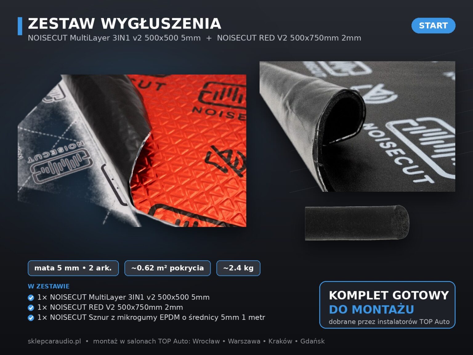 Zestaw wygłuszenia 0.62 m² – NOISECUT MultiLayer 3IN1 v2 500x500 5mm + NOISECUT RED V2 500x750mm 2mm