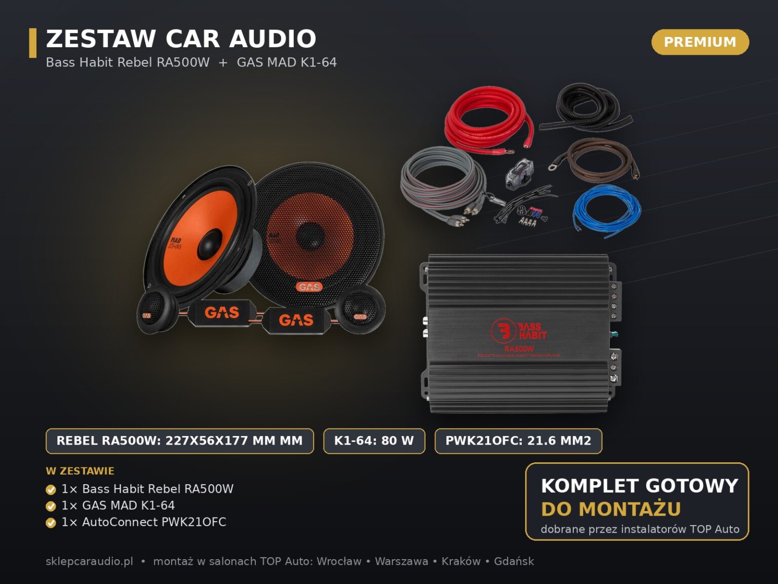 Tani i dobry zestaw car audio wzmacniacz 500W głośniki 80W okablowanie – kluczowe parametry i skład